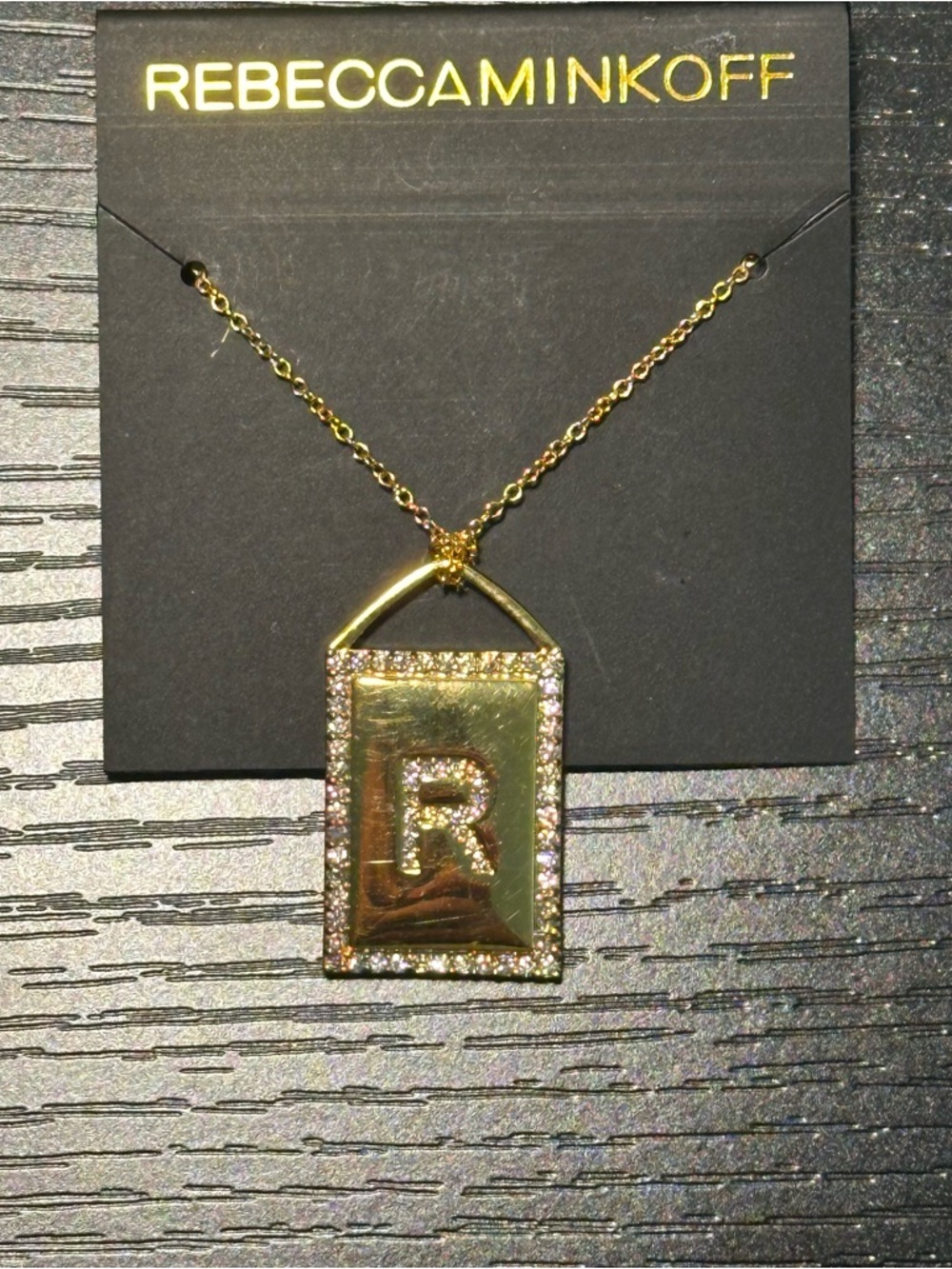 Rebecca Minkoff Gold Tone Initial “R” Pendent Necklace CZ Crystals